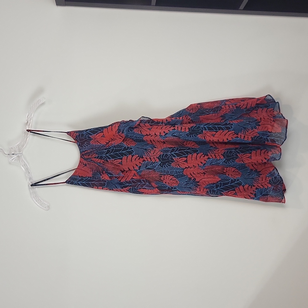 UMGEE Orange Leaves on Blue Sheer Floral Overlay Criss-Cross Strap Dress